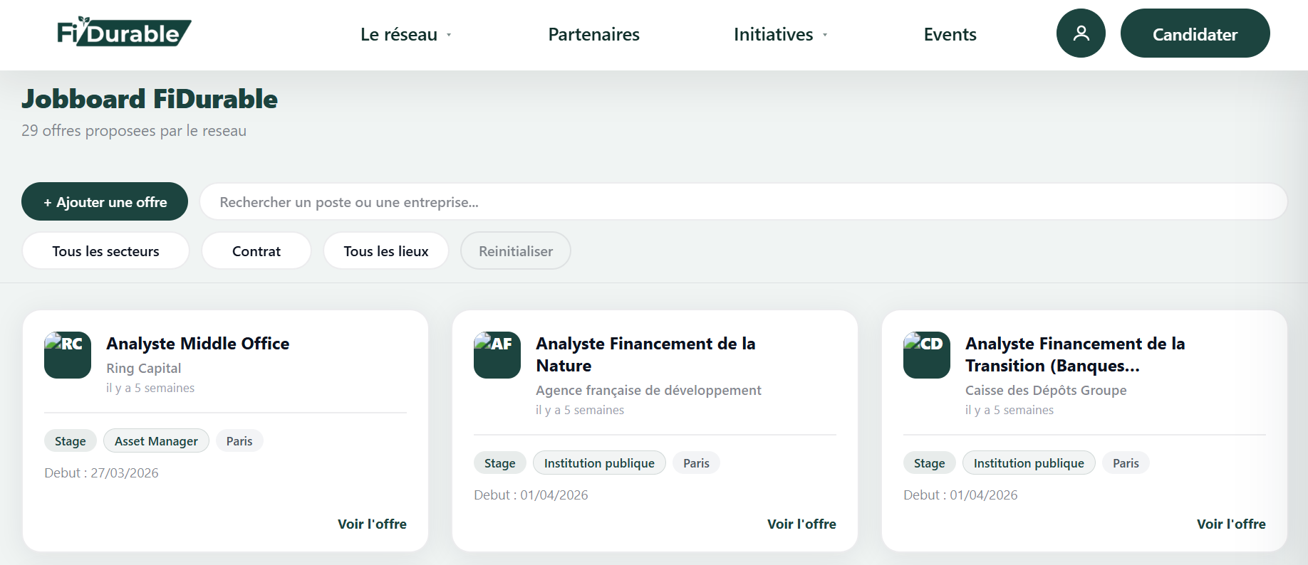 Aperçu du jobboard FiDurable